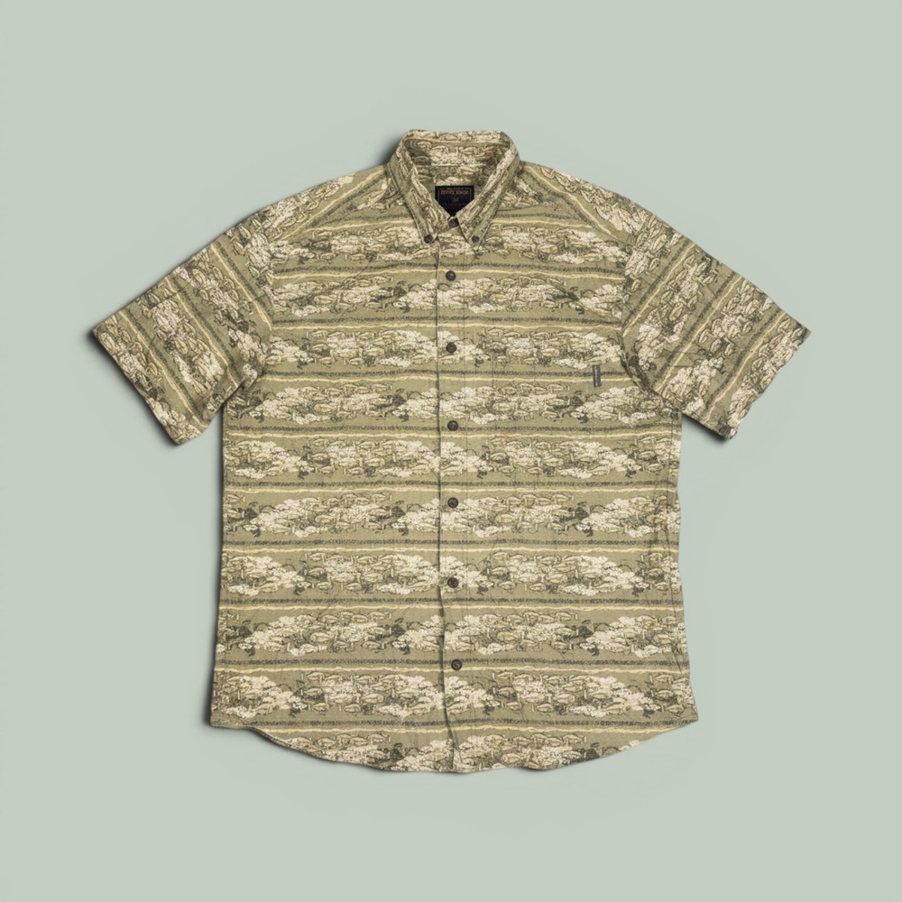 Woolrich Fish Print Short Sleeve Button Down Fishing Camp Shirt Olive Green L
